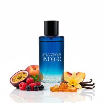 Atlantic Indigo unisex fragrance with fresh floral notes blended with fruity and woody accords for a balanced scent