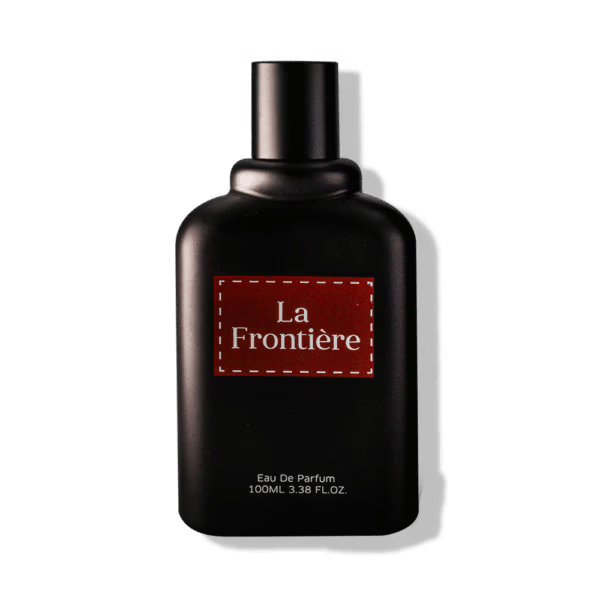 Black perfume bottle with 'La Frontiere' label on a red background