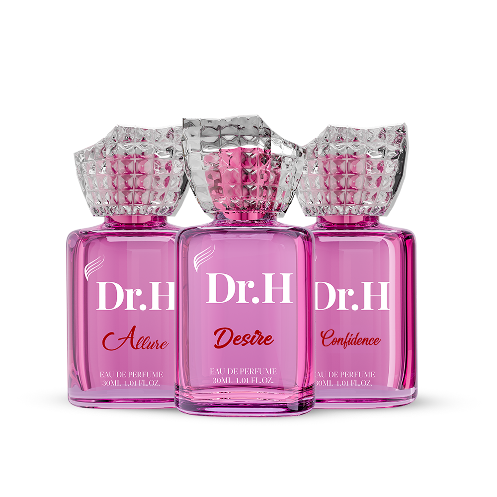 The Confidence Set Eau de Parfum gift set featuring three 30ml women's fragrances: Dr. H Allure, Dr. H Mystic and Dr. H Confidence