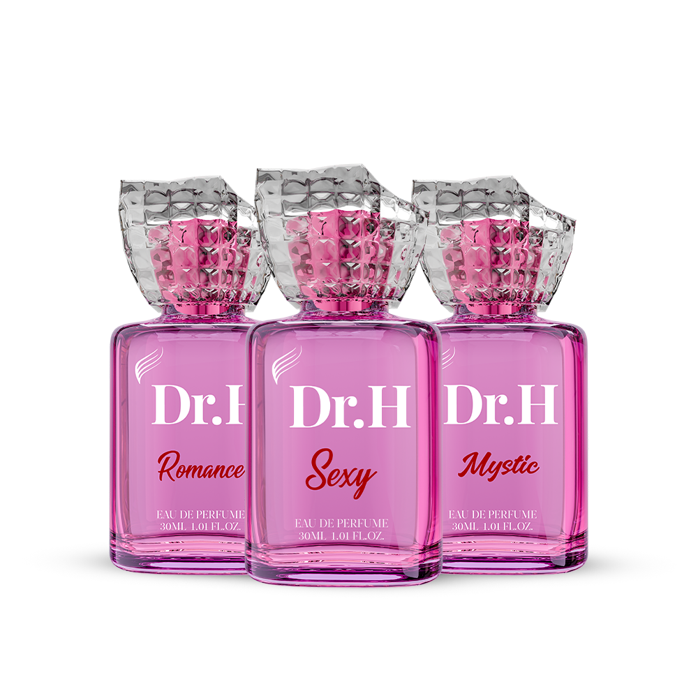 The Love & Mystery Set Eau de Parfum gift set featuring three 30ml women's fragrances: Dr. H Romance, Dr. H Sexy and Dr. H Desire