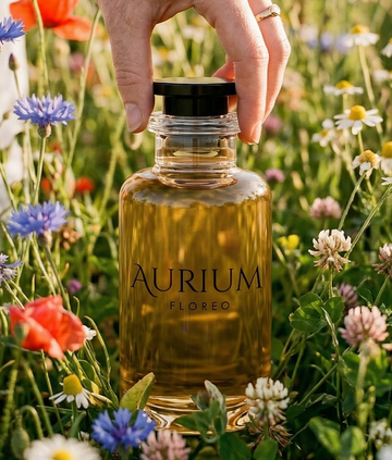 Bottle of Aurium Floreo held by a hand in a field of flowers. 